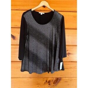 NWT Sparkly Studio Works M Black 3/4 Sleeve Metallic Silver Blouse